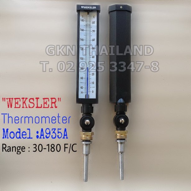 "WEKSLER" ADJUSTABLE ANGLE THERMOMETER MODEL : A935AD4 30-180 F&C WEKSLER เทอร์โมมิเตอร์แบบปรับได้ รุ่น A935AD4 อุณหภูมิ 30-180 F&C ปรอทยาว 9 นิ้ว ก้านยาว 3.5 นิ้วด้ รุ่น A935AD3 อุณหภูมิ 0-160 F&C ปรอทยาว 9 นิ้ว ก้านยาว 3.5 นิ้ว